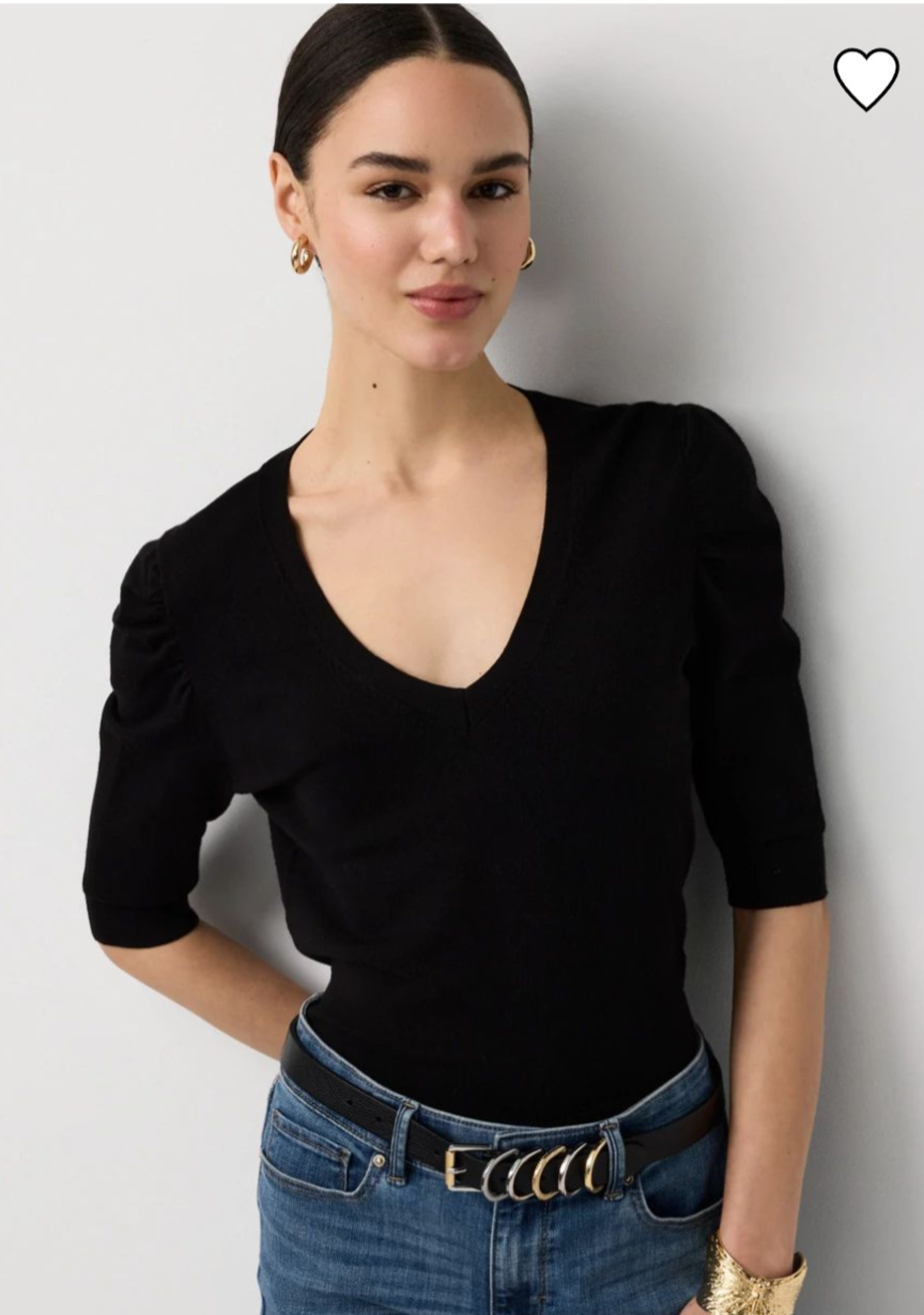 White House Black Market Black Ruched Short Sleeve V Neck Pullover Sweater